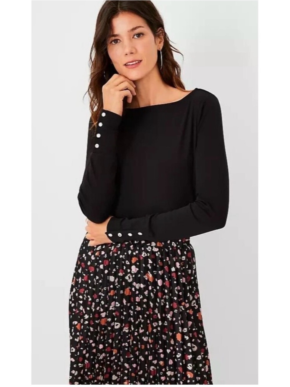 Ann Taylor Black Long-Sleeve Boatneck Dress with Printed Skirt